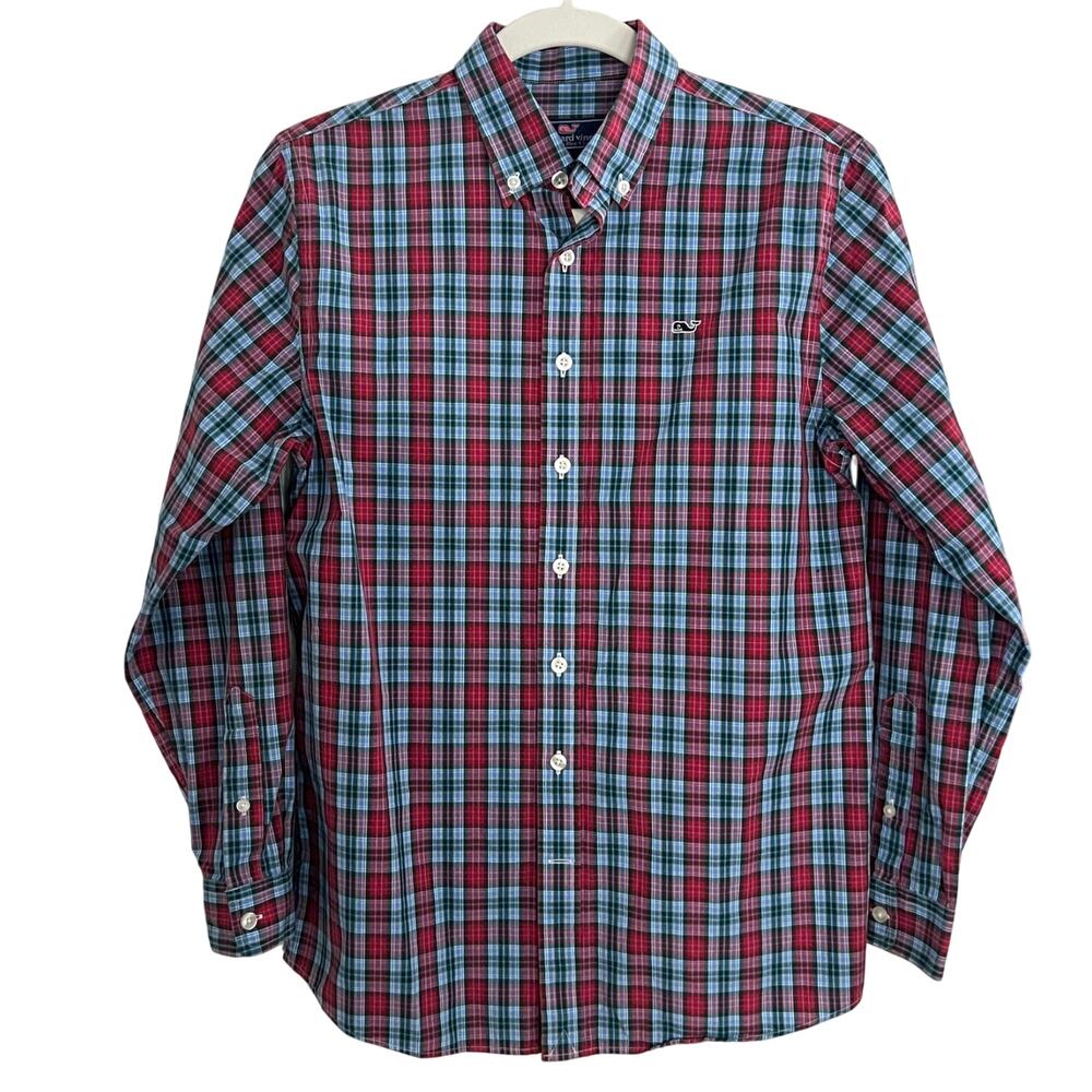 Vineyard Vines Whale Shirt Red Blue Plaid Classic Preppy Boys Size L